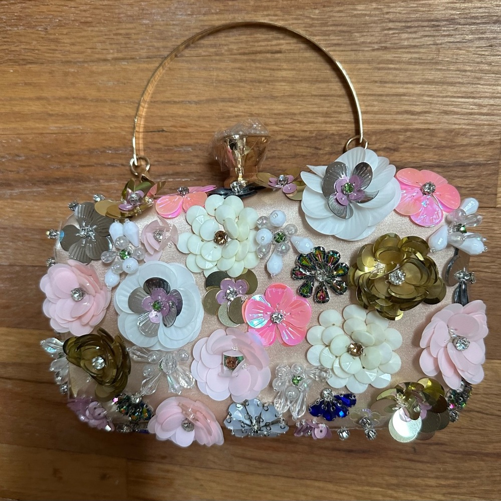 Floral Embellished Clutch - Pink and Gold